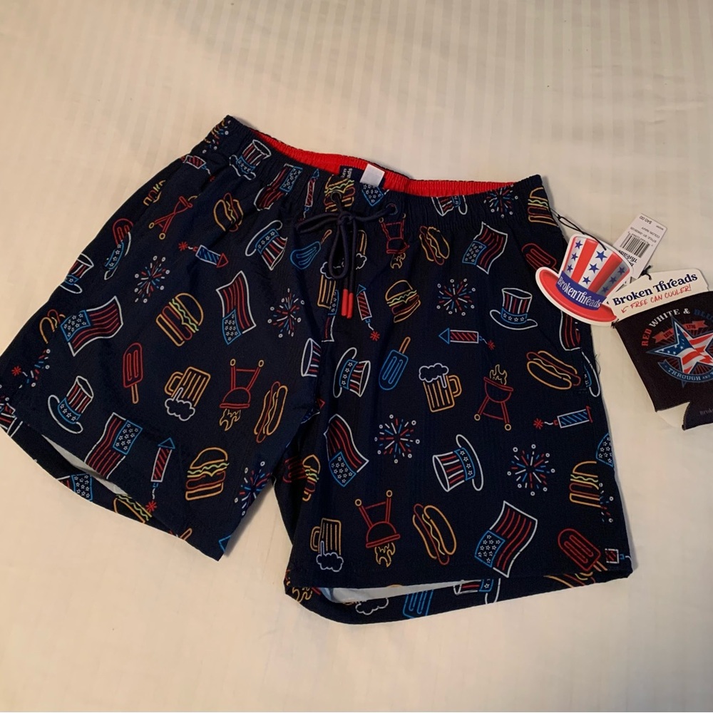 Broken Threads Men's Swim Trunks Stars Navy Red White With Can holder